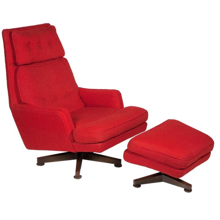 Striking Red Lounge Chair and Ottoman by Edward J Wormley For Sale at