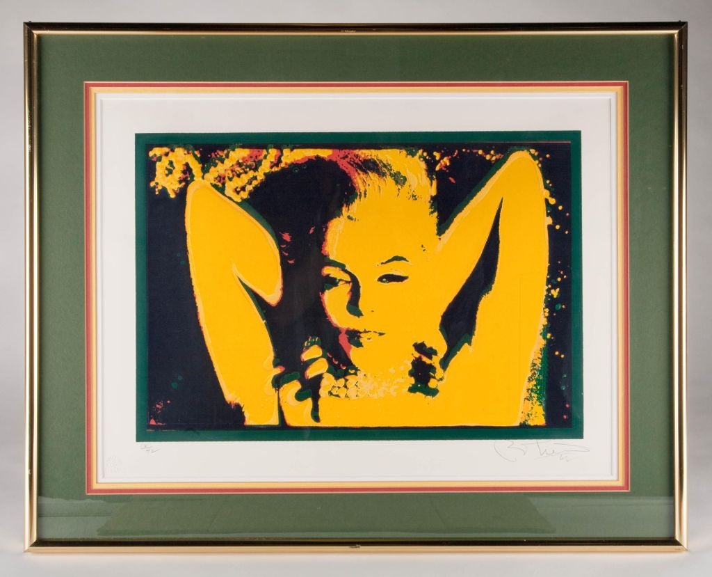 A screen-print in yellow, green, and red from Marilyn Monroe’s last sitting in 1962. Signed, dated and numbered (14 of 250) by the artist in pencil. By Bert Stern. American, 1968. (measurements include frame).