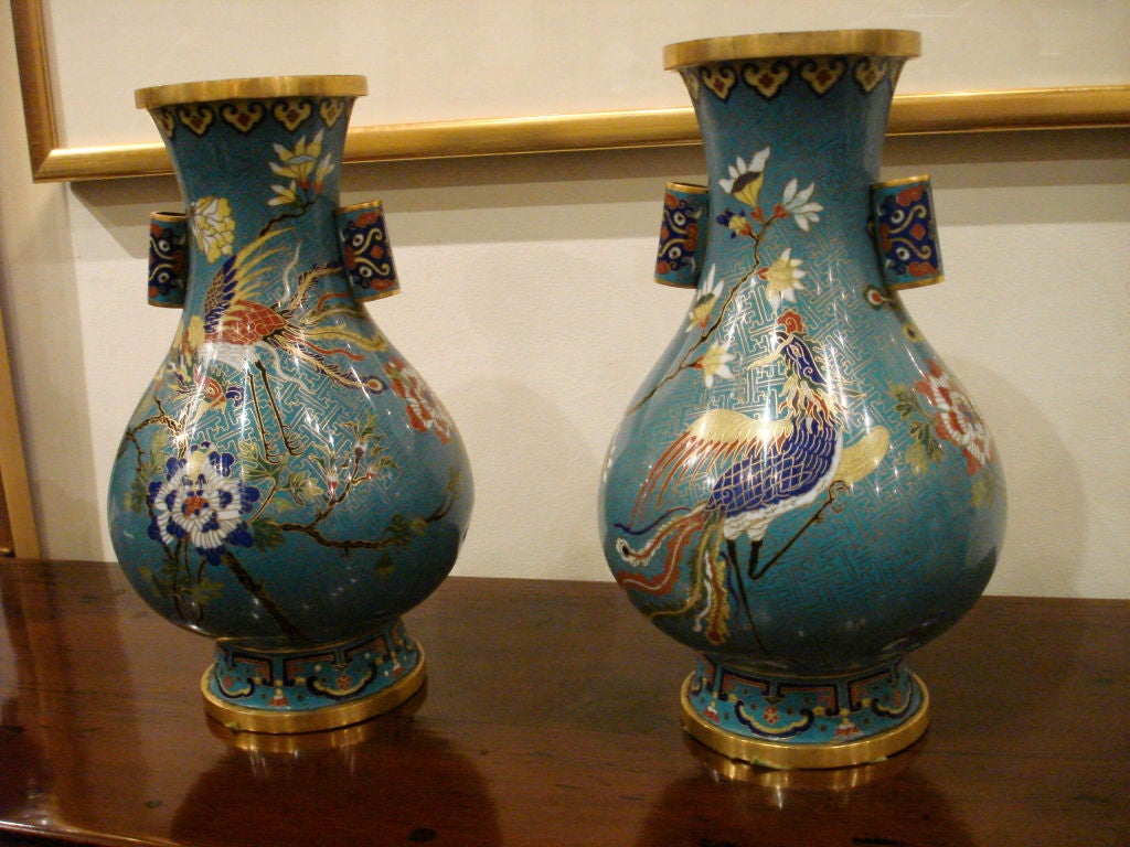Pair of Chinese Cloisonne Enamel Vases, probably late 19th century to around 1900. Dimension: 13