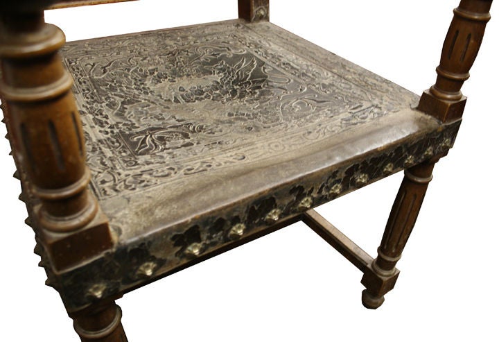 Spanish Baroque Studded Arm Chair with Tooled Leather