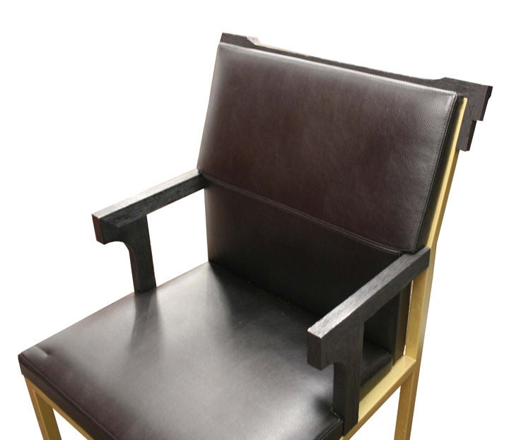 Gilles Bossier designed Dining chairs for the Gramercy Park Hotel Ca. 2007.Embossed leather seating material with ebonized oak detailing on heavy weight brass frame. Large sets available , please inquire for more info.