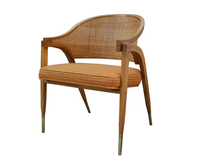 Original Edward Wormley for Dunbar 5480 Armchairs with original Dunbar fabric.Cane back, laminated ash frame with brass boots in all original condition.