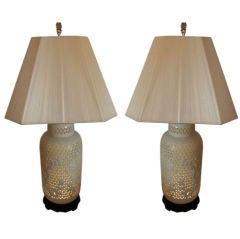 Pair, Tall Open Work  Bussan  Ceramic Lamps.