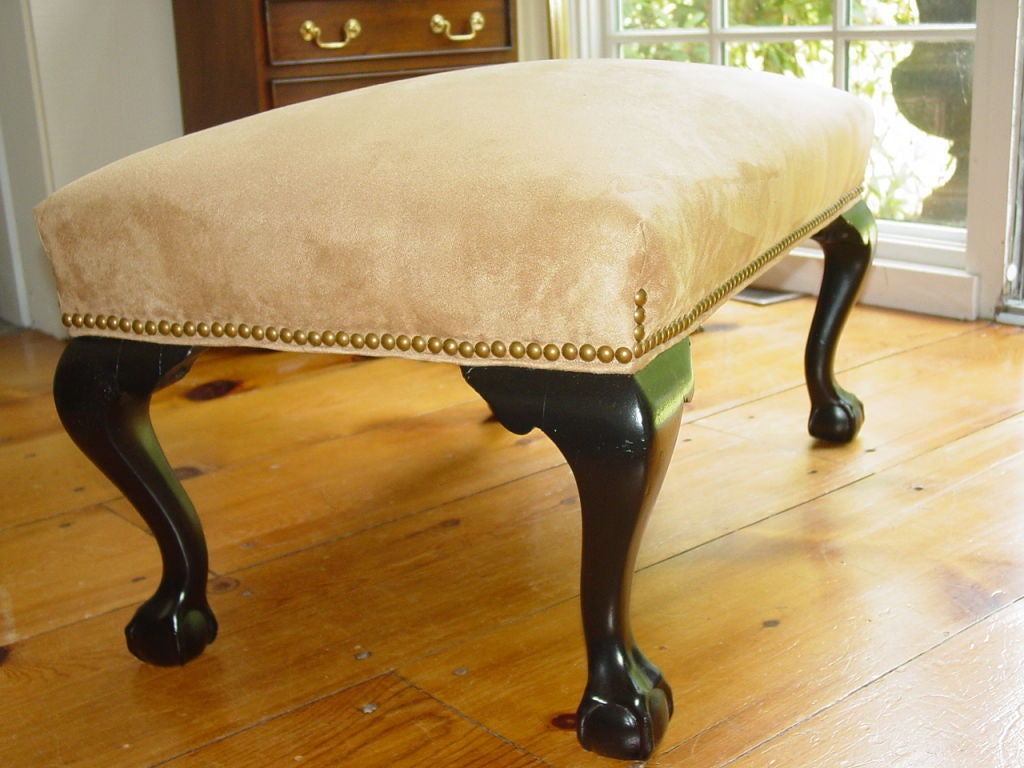 Immaculate Ultra Suede  Claw & Ball Bench/Ottoman.New upholstery in a Mocha Coffee color Ultra Suede from Cowan & Tout. Antique brass nail heads,ebony frame.