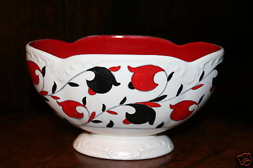 An Extraordinary  Art Deco Bowl from Crown Ducal. Brilliant red and black leaf pattern<br />
with red interior. Scalloped rim,and relief definition throughout.