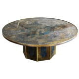 Large Laverne " Chan " bronze, pewter and enamel coffee table.
