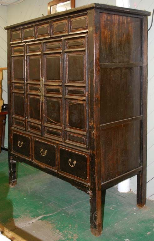 Great Shanxi cabinet with nice age. Has two doors and three drawers, delicately carved details on legs and apron. More detailed images available upon request. 