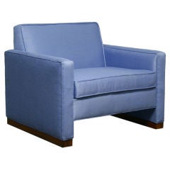 Light blue fabric armchair with walnut base by Dunbar