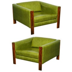 Pair Of Solid Caviuna Chairs With Bright Avocado Green Leather
