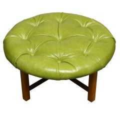 Harvey Probber Green Leather Tufted Ottoman with Walnut Base