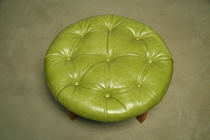 Harvey Probber Green Leather Tufted Ottoman with Walnut Base