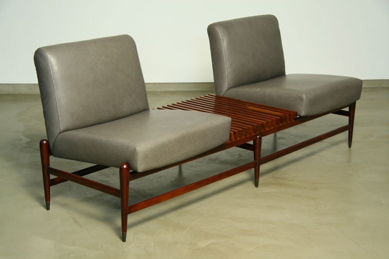 Modular two seat sofa with wood slatted movable section