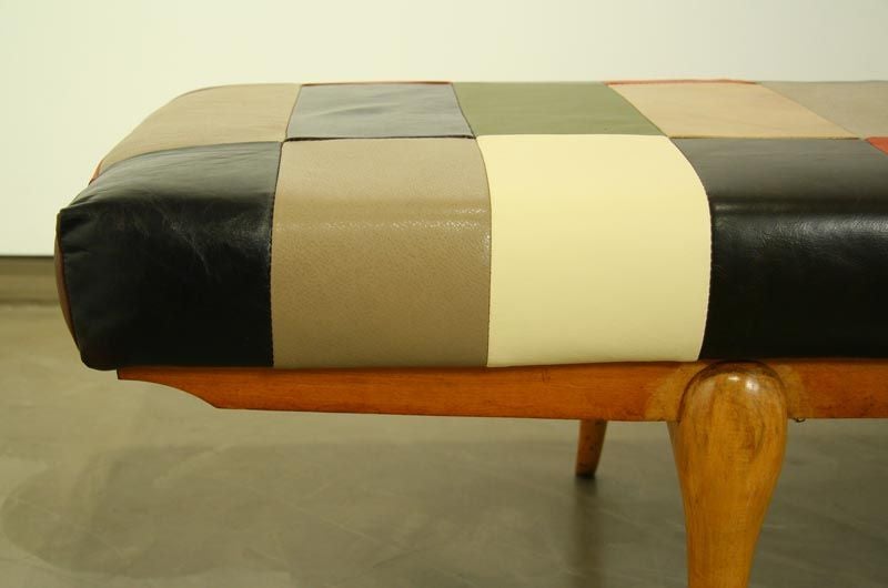 Long Brazilian leather bench with sculptural wooden base In Excellent Condition In West Hollywood, CA
