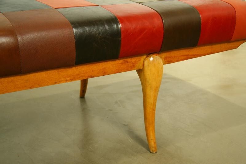 Long Brazilian leather bench with sculptural wooden base 3