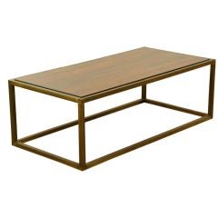 A bronze angular coffee table with inset rosewood top