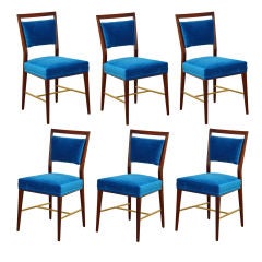 Six mahogany and blue Mohair dining  chairs by Paul McCobb