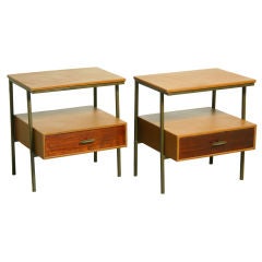 Pair of bronze finished end tables with walnut drawers