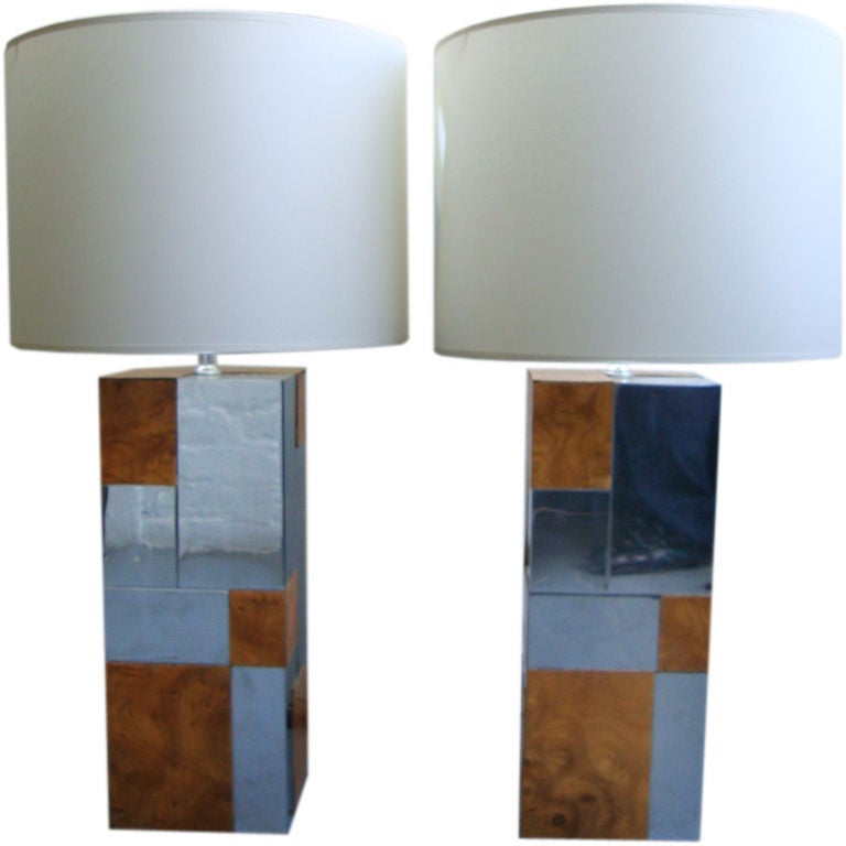 A Pair of Burlwood and Chrome Lamps in the manner of Paul Evans