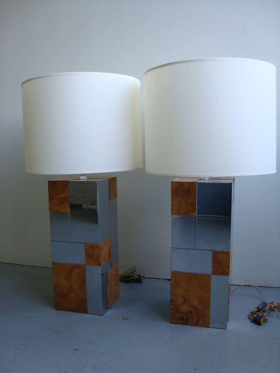 A Pair of Burlwood and Chrome Lamps in the manner of Paul Evans