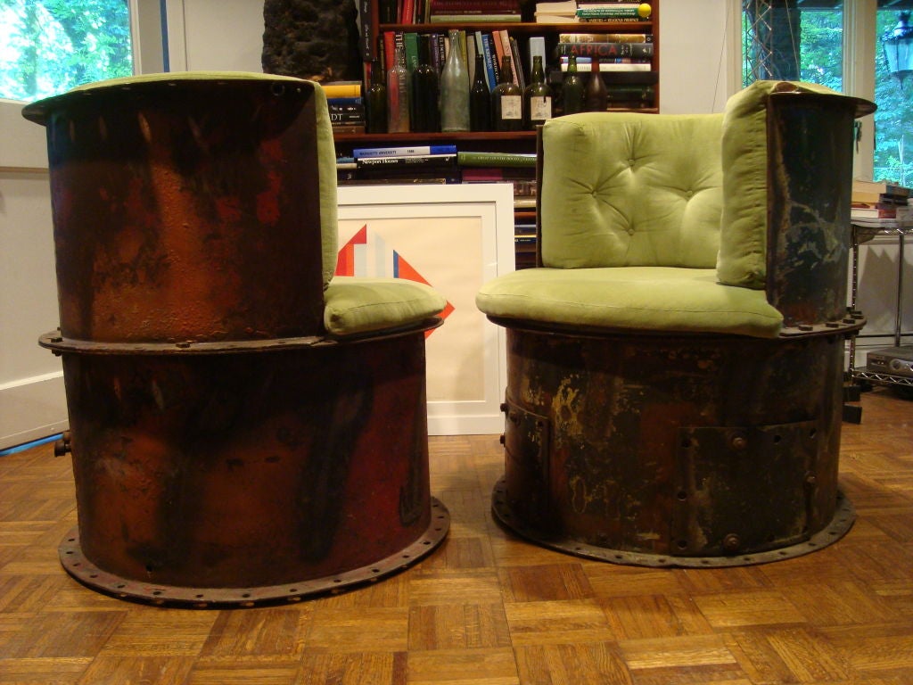 American UNIQUE BARREL CHAIRS FASHIONED FROM INDUSTRIAL STEAM PIPES