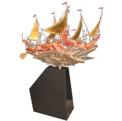 Vintage Abstract Patchwork Bronze Pirate Ship Sculpture