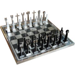 OVERSCALED MODERNISTIC ALUMINUM CHESS SET WITH GAME BOARD