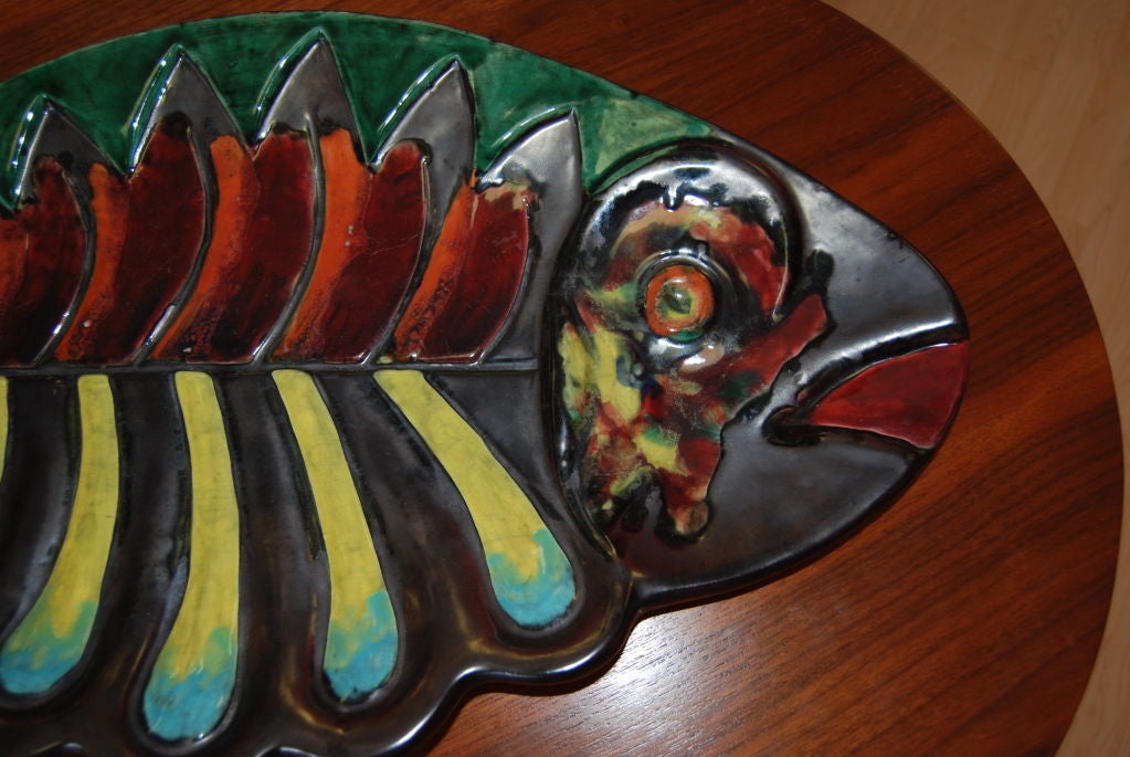SIGNED VALLAURIS SKELETAL FISH POTTERY PLATTER