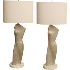 Pair of Glazed Ceramic Torso Silhouette Sculptural Table Lamps 10