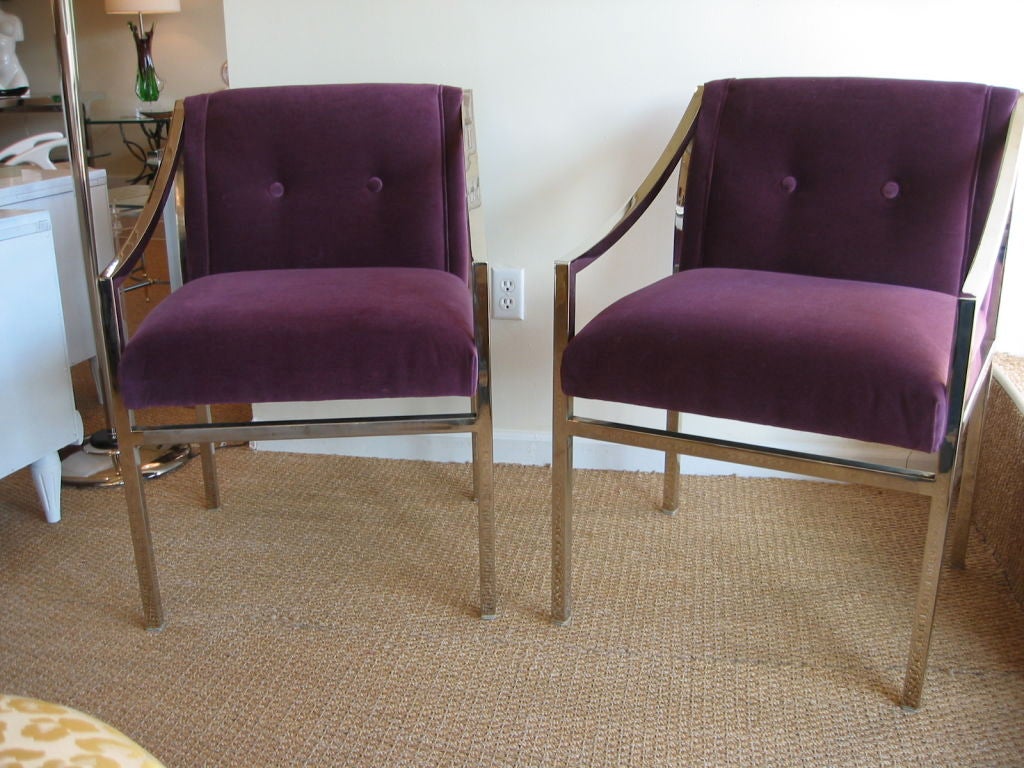 Set of four Mastercraft chairs with nickel silvered frames and royal purple velvet upholstery.  These fantastic chairs could be used as dining chairs, side chairs, or accent chairs.  A rich addition to any space! Very comfortable!!!