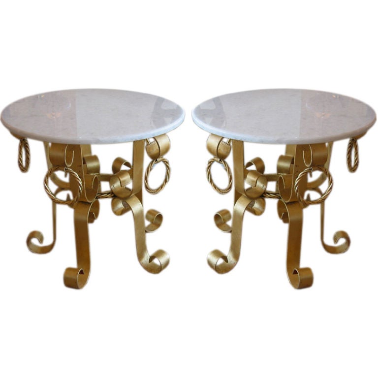 Fantastic Pair Of Vintage Italian Gold Leaf Gilded Iron and Marble Top End Tables For Sale at