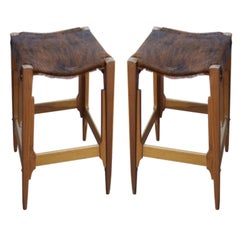 Pair of Architectural Frame Cowhide and Wood Barstools
