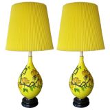 Pair of Ceramic Lamps w/Painted Flowers in High Relief