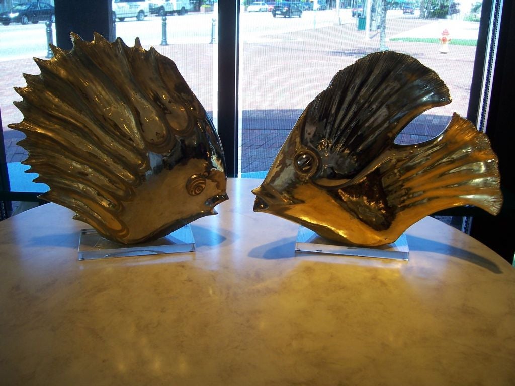 P. GRANCHI Oversized Glazed Ceramic Fish on Lucite Bases 1