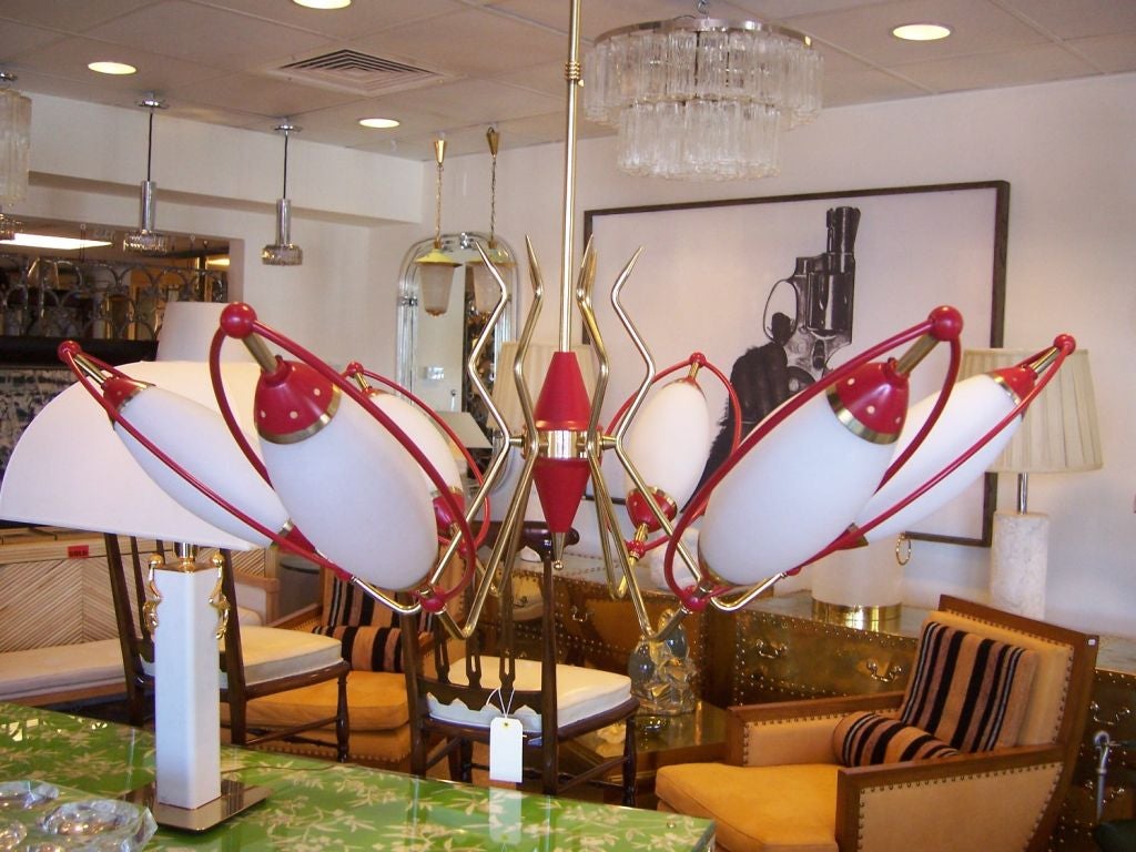 Oscar Torlasco Six-Light Red and White Cone Chandelier