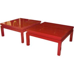 A Pair of Square Cocktail Tables in Red Lacquer over Mahogany
