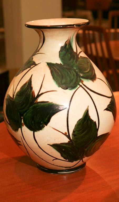 Large pottery vase from the Herman August Kähler Pottery Co., Denmark, 1930's with ivy leaf design most likely by 
artist Julia Kabel