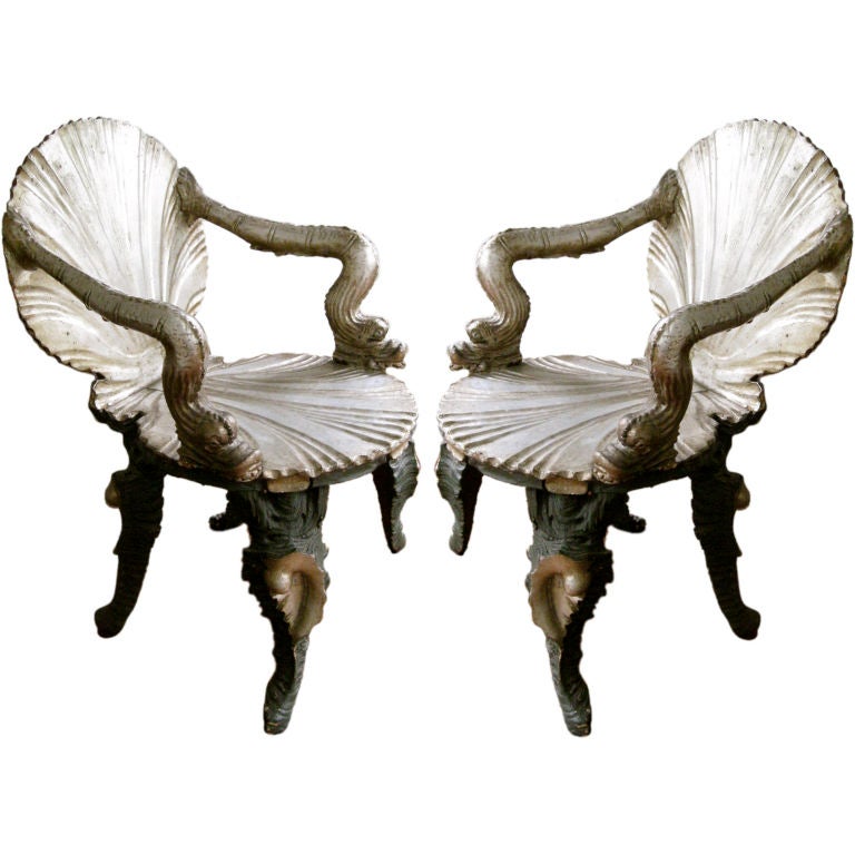 Pair of Italian Venetian Silver Gilt 19thC Grotto Arm Chairs