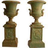 Antique Pair of Small Scale 19th Century Cast Iron Urns
