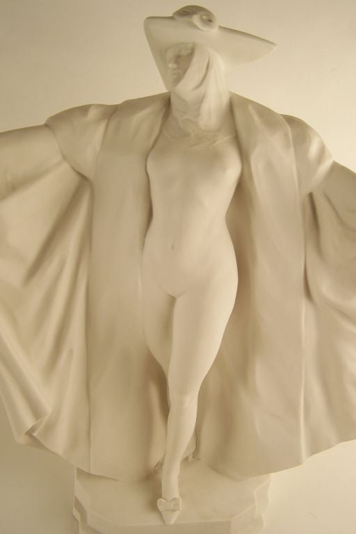 Exquisitely modeled Art deco bisque (Parian) nude figure in the manner of Brunelleschi by M. Guiraud Riviere.  This is meant to appear as though it were carved from pure white carrara marble.  Made in a very limited number, artist signed in the