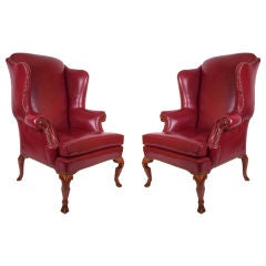 Pair of Dark Red Leather Wing Chairs