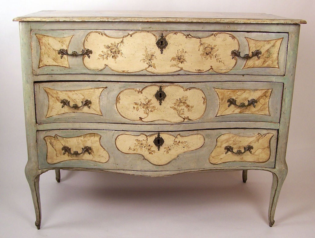 Wonderful Venetian three drawer commode or chest. Original and beautifully aged robin's egg blue paint with cream color detail.