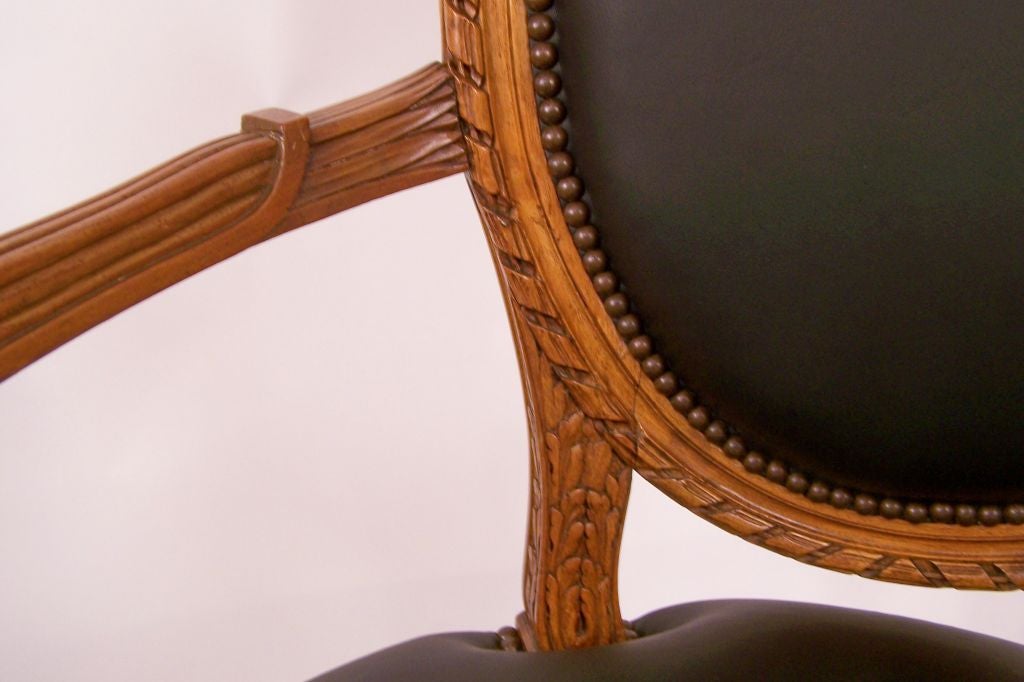 Louis XVI Style French Walnut Armchair with Black Leather Upholstery In Good Condition For Sale In San Francisco, CA