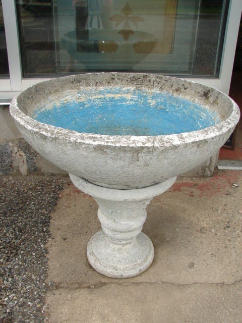 Two piece concrete bowl planter/fountain on base, from the South of France, old blue paint interior