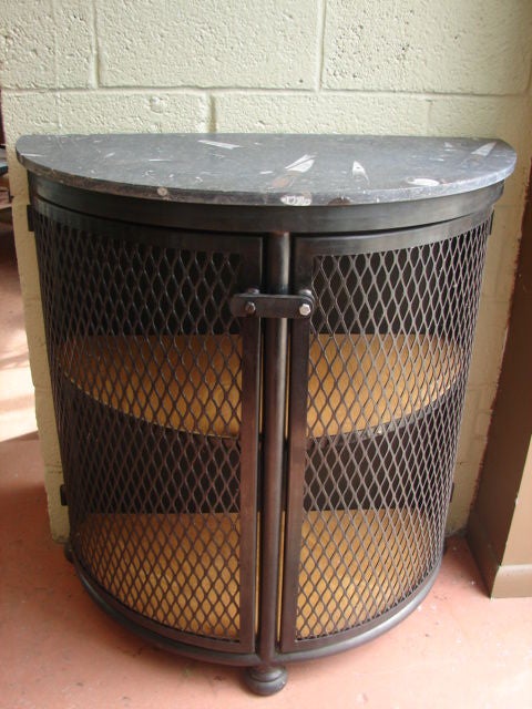 Mid-20th Century Steel demilune cabinet with fossil stone top