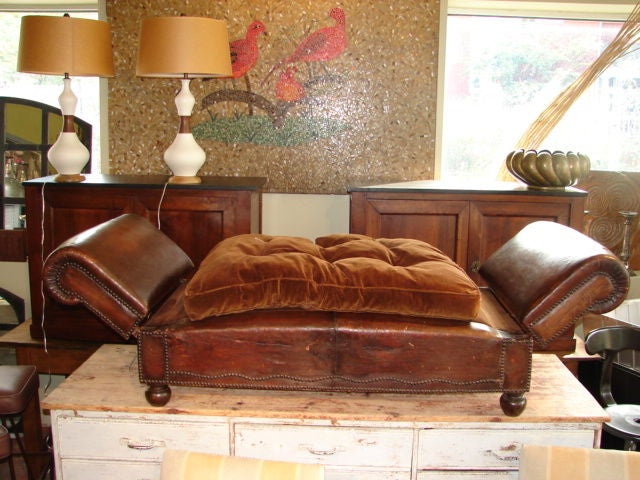 British Arts and Crafts leather studded daybed w/ adjustable arms