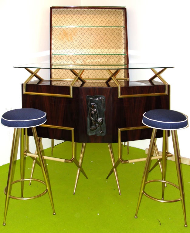 Dynamic four pieces brass and mohogany Italian 50'sdry bar