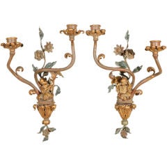 Antique Pair of 19th Century Painted Metal Chinoiserie Sconces