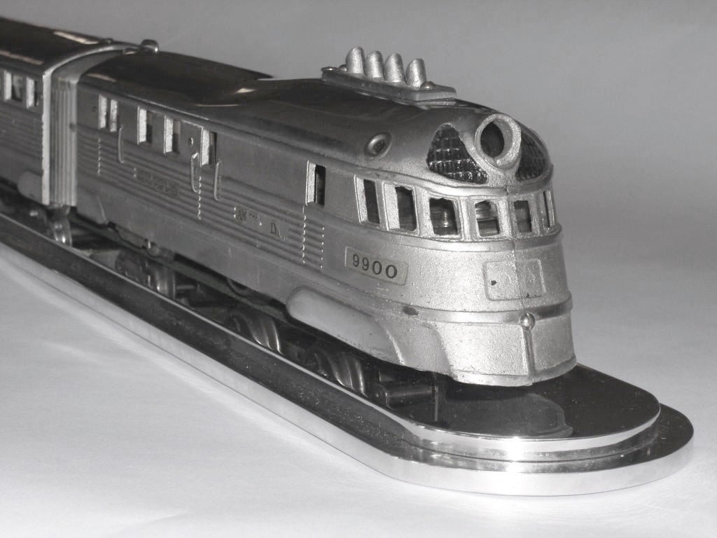 This 1930's American Flyer model train is a scale model of the streamline classic Burlington Zephyr, designed by Albert Dean with interiors by Paul Cret and John Harbeson. Pictured on the cover of 