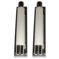 Pair of Of Tall 1930's Streamline Chrome & White Glass Sconces