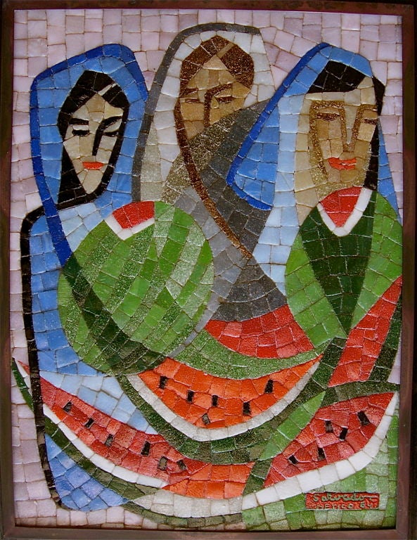 Mid-Century Modern Fantastic Framed Glass Tile Mosaic by Salvador Teran For Sale